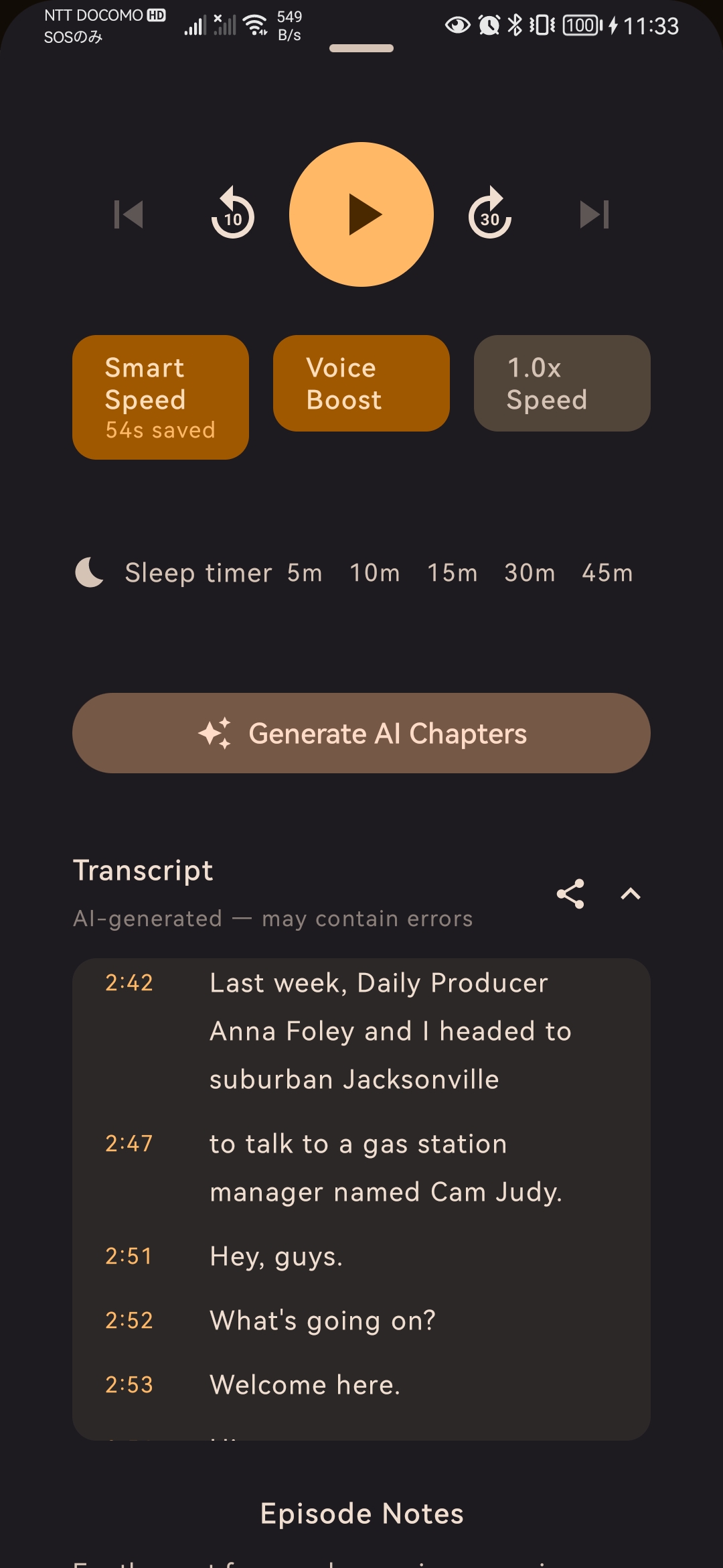 Live transcript with sync highlighting